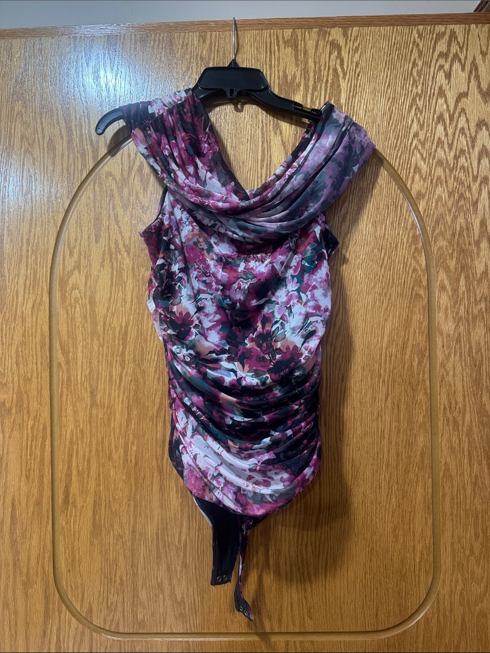 Floral Draped Cowl Neck Women's Top Bodysuit in Pink and Black